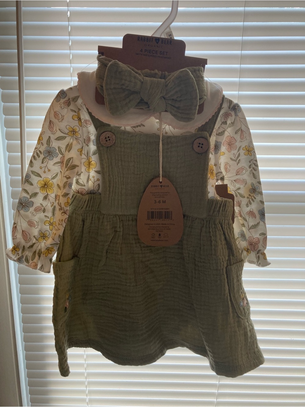 Rabbit & Bear Organic Girls 3-6M 4pc Green Dress Set Floral Shirt Headband Socks